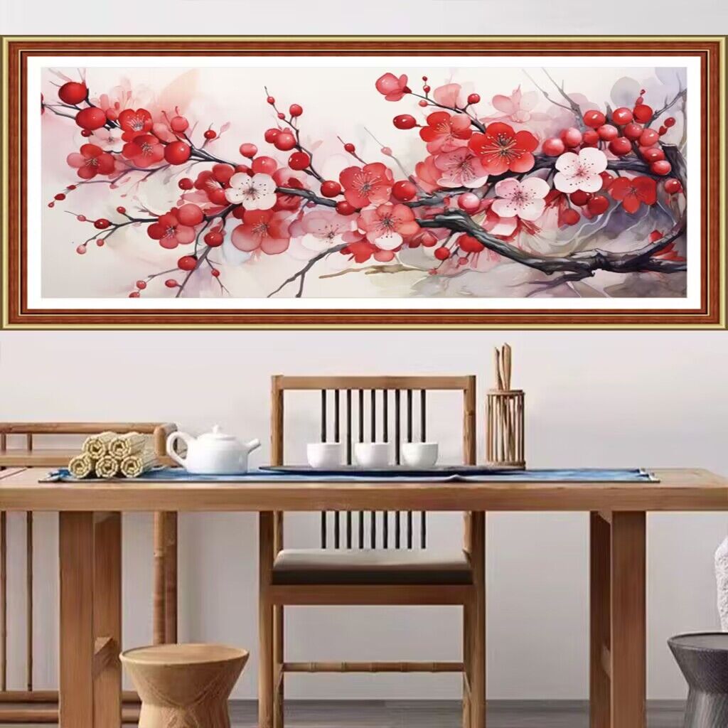 Home Textiles Discount - ชุดพิมพ์ลายดอกไม้สีแดงเย็บปักถักร้อย DIY สไตล์จีนชุดเย็บปักถักร้อยงานปักครอสติช9ct ขนาด110X50ซม. การตกแต่งบ้านงานฝีมือ