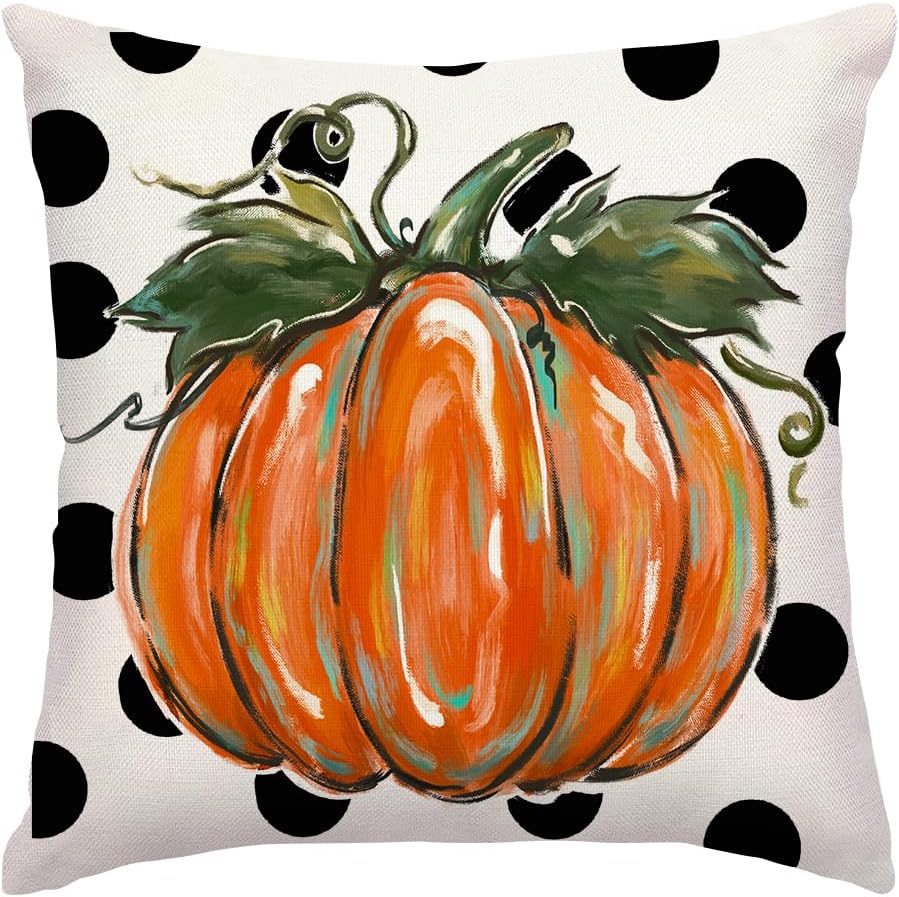 Pillow Insert 18X18 - ปลอกหมอนฤดูใบไม้ร่วง ขนาด 18x18 นิ้ว สีส้ม ลายฟักทองและจุดโพลกาดอท