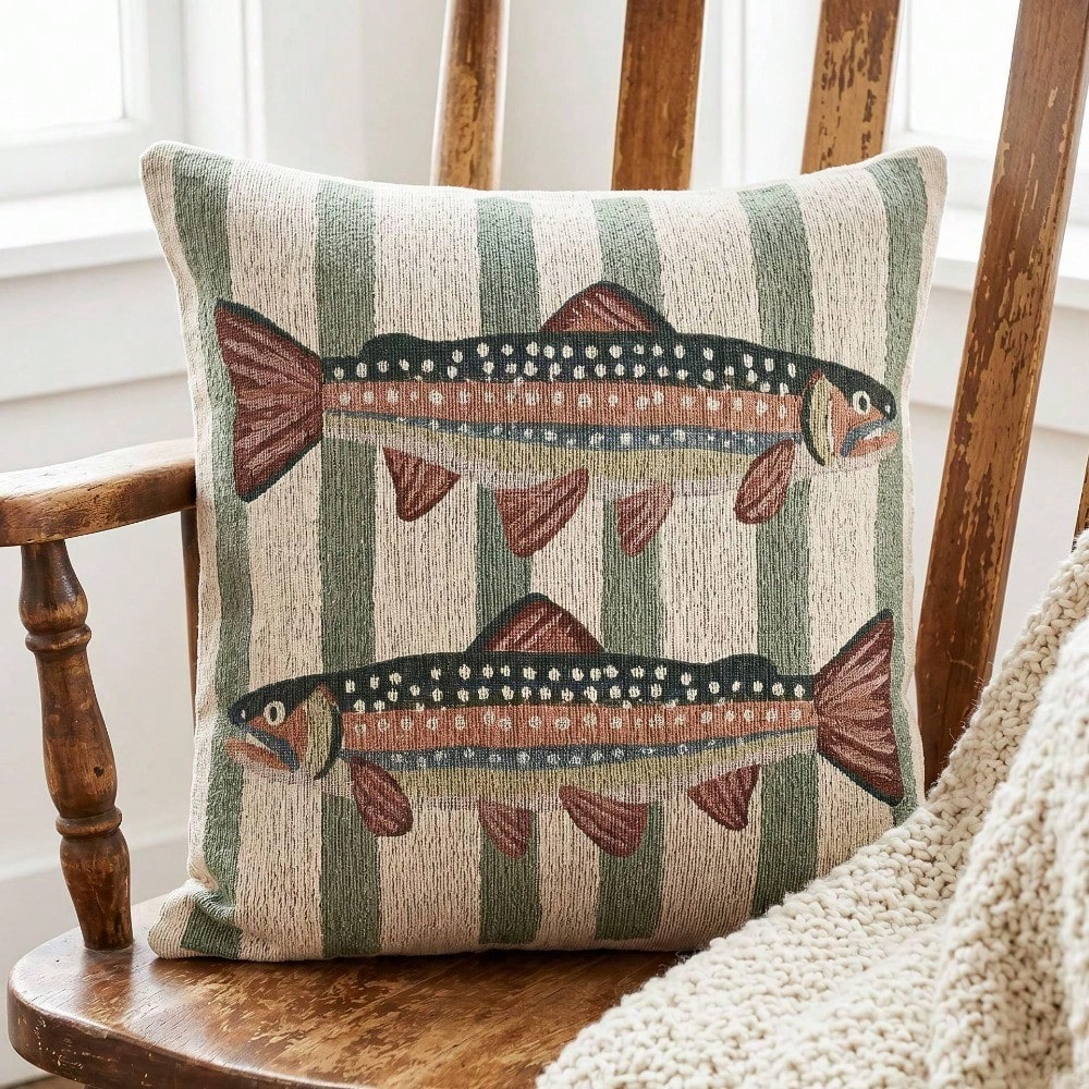 Pillow Insert 18X18 - หมอนอิงลายปลาเรนโบว์ ขนาด 18x18 นิ้ว ตกแต่งห้องพักสไตล์คันทรี หมอนลายปลาเทราท์