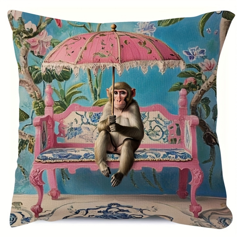 Pillow Insert 18X18 - ปลอกหมอนลายลิงสไตล์จีนสีชมพูเรโทร 1 ชิ้น ขนาด 18x18 นิ้ว