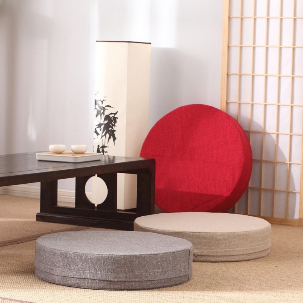 Floor Cushion Pouf - เบาะนั่งสมาธิทรงกลมแบบทาทามิ ขนาด 40x6 ซม. ผ้าลินิน สำหรับโยคะ
